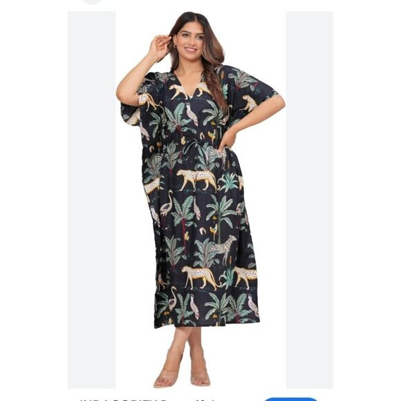 Just Darving Jungly Kaftan Dress Navy Exotic Animal Print & Palm Leaves One Size - Picture 2 of 15